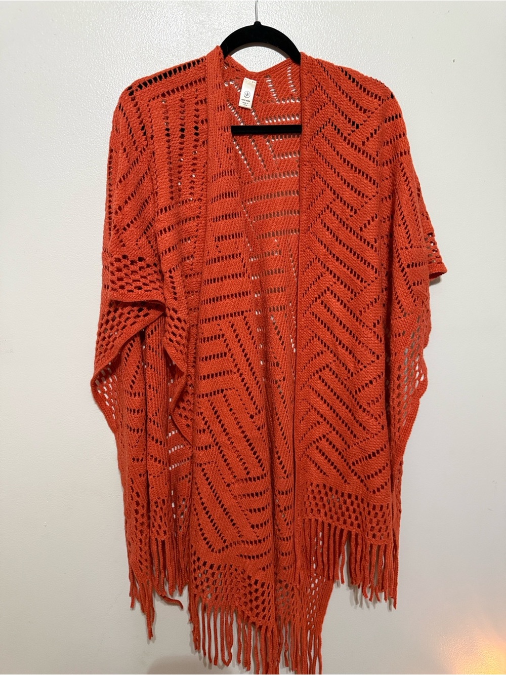 Open Knit Fringe Cardigan Sweater - Orange